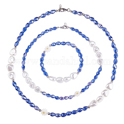 3 Uds. Collares de concha natural y flor de perla de plástico y cuentas de vidrio y conjunto de pulsera elástica, conjunto de joyas para mujer, azul, 15-3/8~18-1/4 pulgada (39~46.5 cm), diámetro interior: 2 pulgada (5.3 cm)