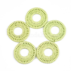 Pendentifs tissés en corde de polyester ciré, avec les accessoires en fer, plat rond, jaune vert, 31~32x3mm
