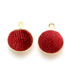 Handmade Velours Covered Pendants, with Brass Findings, Flat Round, Golden, Red, 14x11x3mm, Hole: 1mm