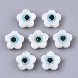 Perles de coquillages naturels d'eau douce, avec l'émail, fleur avec le mauvais œil, bleu ciel, 10.5x10.5x4.5mm, Trou: 0.9mm