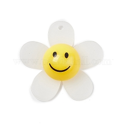 Anhänger aus mattiertem, durchscheinendem Acryl, sonnenblume mit lächelndem gesichtszauber, weiß, 29x30x9 mm, Bohrung: 1.8 mm