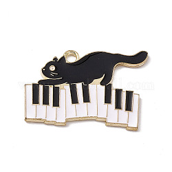 音楽テーマのチャーム  合金エナメルチャーム  ピアノを持つ猫  ゴールドカラー  ホワイト  20x28x1.2mm  穴：2mm