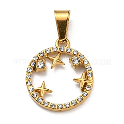Chapado en vacío 304 colgantes de acero inoxidable, con diamante de imitación, anillo con colgante de estrella, dorado, 19x17x3mm, agujero: 7x3 mm
