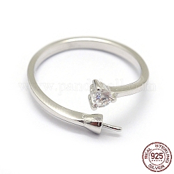 Rhodium Plated 925 Sterling Silver Finger Ring Components, For Half Drilled Beads, with Cubic Zirconia, Platinum, Size 7, 17mm, Tray: 2mm, Pin: 0.7~1mm