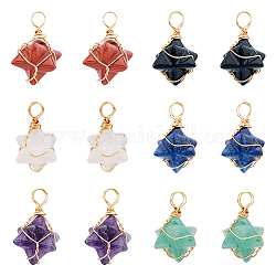DICOSMETIC 12Pcs 6 Styles Natural Mixed Gemstone Copper Wire Wrapped Pendants, Merkaba Star Charms, Golden, 26~31x20~21x13~15mm, Hole: 5~5.5mm, 2pcs/style