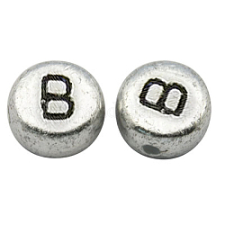 Perles de lettre à trou horizontal acrylique plaqué couleur argent, plat rond, letter.b, 7x3.5mm, Trou: 1mm, environ 360 pcs/50 g