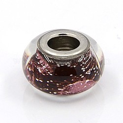 Glue Glass European Beads, Large Hole Beads, with Brass Double Cores, Rondelle, Platinum, Coconut Brown, 14~15x8mm, Hole: 5mm
