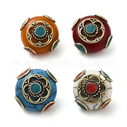 Perles de style tibétain manuelles, avec des accessoires en turquoise synthétique, imitation cire d'abeille et laiton, rondelle, couleur mixte, 23.5~24x24x18~20mm, Trou: 2mm