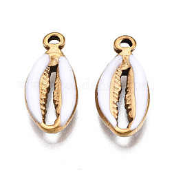 304 Stainless Steel Pendants, with Enamel, Spiral Shell, Golden, White, 17x8x3.5mm, Hole: 1mm