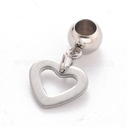 Encantos colgantes de agujero grande europeo de acero inoxidable corazón 304, color acero inoxidable, 21mm, agujero: 4 mm