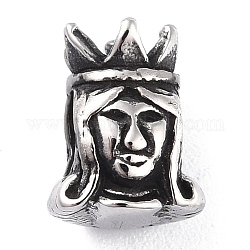 304 perline europei in acciaio inox, perline con foro grande, stile tibetano, ritratto della regina, argento antico, 12x9x8.5mm, Foro: 4.5x5 mm