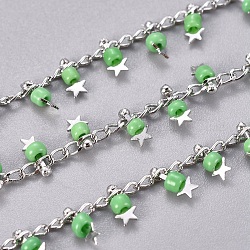 Handmade Glass Beaded Chains, with Brass Side Twisted Chains Curb Chains, with Spool, Long-Lasting Plated, Soldered, Star, Real Platinum Plated, Light Green, 3x1.5x0.7mm, about 32.8 Feet(10m)/roll
