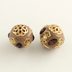 Round Handmade Rhinestone Indonesia Beads, with Golden Tone Alloy Cores, Camel, 18~20mm, Hole: 2mm