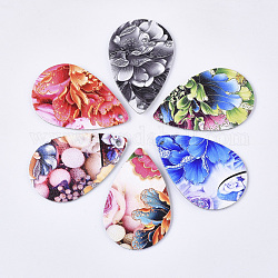 PU Leather Big Pendants, Double-Sided Flower Pattern, Teardrop, Mixed Color, 58x37.5x1.5mm, Hole: 2mm