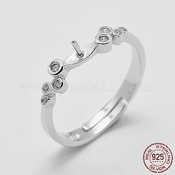 Componenti dell'anello in argento sterling placcato rodio regolabili, per mezzo forato perle, con zirconi, formato 925, platino, 6mm, ago :16mm