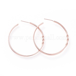 Brass Stud Earrings, Half Hoop Earrings, with Ear Nuts and 925 Sterling Silver Pin, Ring, Rose Gold, 43x2.5mm, Pin: 0.7mm