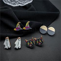 Conjuntos de aretes de madera de gato fantasma con sombrero de bruja de Halloween, Pendientes redondos planos de resina y madera para mujer, color mezclado, 15~20x13~18mm, 4 pares / set