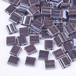 2-trou perles rocailles en verre opaque, lustered, rectangle, violet, 5x4.5~5.5x2~2.5mm, Trou: 0.5~0.8mm