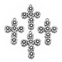 Tibetischer stil Aluminium Anhänger & Charms, Kreuz mit Blume, cadmiumfrei und bleifrei, Antik Silber Farbe, 37x26x2 mm, Bohrung: 1.8 mm
