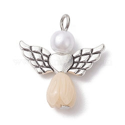 Pendenti di perle imitazione resina, Ciondoli di angelo rosa con ali di cuore in lega placcata argento antico, beige, 23.5~24x21.5x7mm, Foro: 1.8~2.2 mm