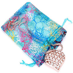 Bolsas de cordón de organza impresas rectangulares, colorido patrón de coral, cian, 12x9 cm