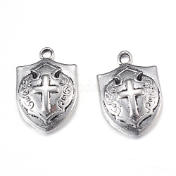 Pendente in lega stile tibetano, scudo con croce,  cadmio& piombo libero, argento antico, 21x14x4mm, Foro: 2 mm