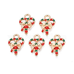 Rack Plating Alloy Enamel Pendants, Cadmium Free & Nickel Free & Lead Free, Light Gold, Christmas Candy Cane with Bowknot, Red, 18x12.5x3mm, Hole: 2.5mm