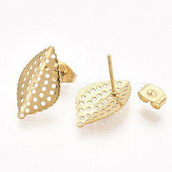 304 Stainless Steel Stud Earring Findings, with Loop and Ear Nuts/Earring Backs, Leaf, Golden, 18x11mm, Hole: 0.9mm, Pin: 0.7mm