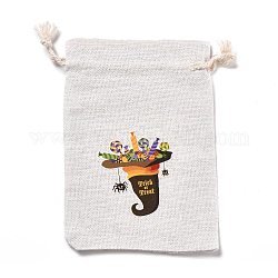 Halloween Cotton Cloth Storage Pouches, Rectangle Drawstring Bags, for Candy Gift Bags, Hat Pattern, 13.8x10x0.1cm