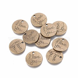 Anhänger aus Valentinstag im tibetischen Stil, flach rund mit Worten ich liebe dich, Cadmiumfrei und Nickel frei und Bleifrei, Antik Bronze, 20x3 mm, Bohrung: 2 mm