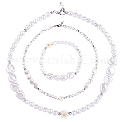 3шт натуральная раковина и пластиковые жемчужные цветы ожерелья из бисера и эластичный браслет, набор украшений для женщин, белые, 15-3/8~18-1/4 дюйм (39~46.5 см), внутренний диаметр: 2 дюйм (5.3 см)