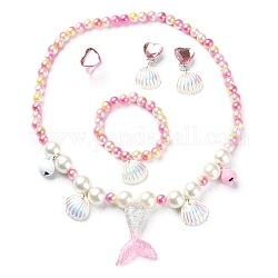 Plastic & Resin Bead Jewelry Set for Kids, including Shell & Mermaid Tail Pendant Necklaces & Charm Bracelets, Heart Finger Rings & Clip-on Earring, Pink, Necklace: 18-1/2 inch(47cm), Earring: 38x20mm, Inner Diameter: Bracelet: 1-5/8 inch(4.2cm), Ring: 15mm