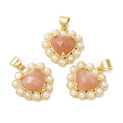 Natural Sunstone Pendants, Faceted Heart Charms, with Ion Plating(IP) Brass Findings and Plastic Beads, Real 14K Gold Plated, 18~18.5x17.5~18x5.5~6.8mm, Hole: 4.5x3.5mm