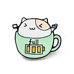 Pin de esmalte de gato de taza de café, insignia de aleación completa de palabras para ropa de mochila, electroforesis negro, verde pálido, 21x26x2mm