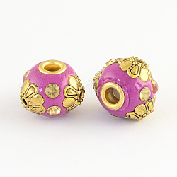 Round Handmade Indonesia Beads, with Golden Metal Color Brass Cores, Orchid, 12~14x15~17mm, Hole: 3~3.5mm