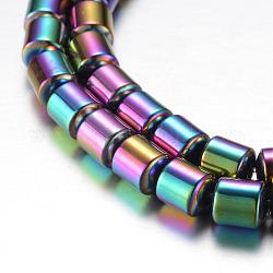 Hebras de perlas de hematita sintética magnética, Grado A, tambor, multi-color de chapado, 6x6mm, agujero: 1 mm, aproximamente 62 pcs / cadena, 15.7 pulgada (40 cm)
