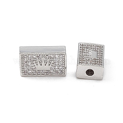 Perle di zirconi cubici trasparenti in micro pavè di ottone, rettangolo con corona, platino, 7.5x13x5mm, Foro: 2 mm