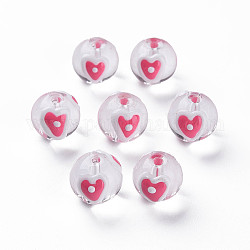 Perles de verre émaillées transparentes, ronde avec le coeur, rose chaud, 13.5~14x12~12.5x11.5mm, Trou: 1.6~2mm