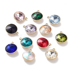 Faceted Glass Pendants, with Ion Plating(IP) Golden 304 Stainless Steel Findings, Mixed Color, Flat Round, 16x13x7mm, Hole: 1.6mm