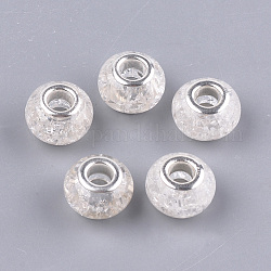Perles européennes en crackle résin, Perles avec un grand trou   , avec noyaux en laiton plaqué couleur argent, rondelle, clair, 13.5~14x8.5~9mm, Trou: 5mm