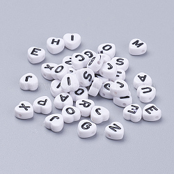 Perline acriliche con foro orizzontale, cuore con la lettera, bianco, 7x7x4mm, Foro: 1 mm, circa 3500pcs/500g