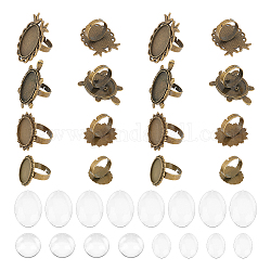 Unicraftale diy kit de fabricación de anillos de dedo de cúpula en blanco, Incluye ajustes de anillo de copa de bisel de aleación de zinc ajustable de pájaro, tortuga y flor., Cabuchones de cristal, Bronce antiguo, 32 unidades / caja