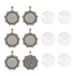 DIY Making, Flower Alloy Pendant Cabochon Settings and Clear Glass Cabochons, Antique Silver, 24.5~25x6~7mm, 10pcs/set