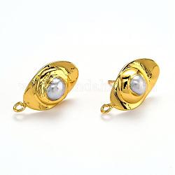 Accessoires de puces d'oreilles en perles de culture d'eau douce naturelles, avec les accessoires en laiton, fleur, blanc, 21x11.8x6mm, Trou: 2mm, pin: 0.7 mm