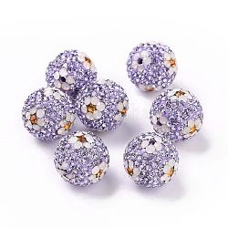 Abalorios de Diamante de imitación de arcilla polímero, Pave bolas de discoteca, redondo con flor, amatista luz, 16mm, agujero: 1.6~1.8 mm
