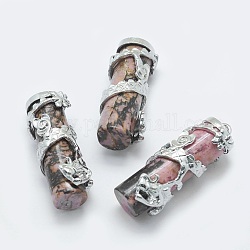 Ciondoli Rhodonite naturale, con accessori di ottone, colonna con drago, platino, 40.5~41.5x14x15mm, Foro: 3.5x5 mm
