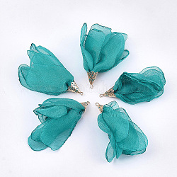 Polyester Big Pendants, with Iron Findings, Flower, Light Gold, Light Sea Green, 63~67x10mm, Hole: 1.5~2mm