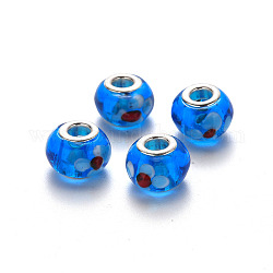 Handgemachte glasperlen murano glas großlochperlen, großes Loch Rondell Perlen, mit Platin-Ton Messing Doppeladern, Verdeck blau, 17x14~15x9~10 mm, Bohrung: 5 mm