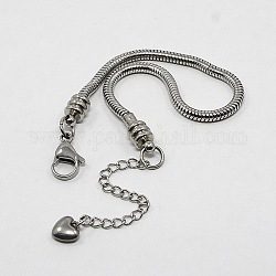 304 acero inoxidable pulseras de cadenas de serpiente redondas europeas, con cierre de pinza y los charms del corazón, color acero inoxidable, 200x3mm