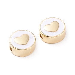 Perles en laiton émaillé, Plaqué longue durée, plat et circulaire avec coeur, blanc, véritable 18k plaqué or, 11x5mm, Trou: 1.8mm